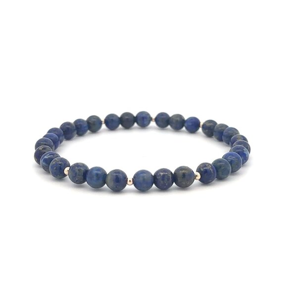 Lapis Lazuli Gemstone Beaded Stretch Bracelet with 14K Gold Accent Bead Handmade - Picture 4 of 7